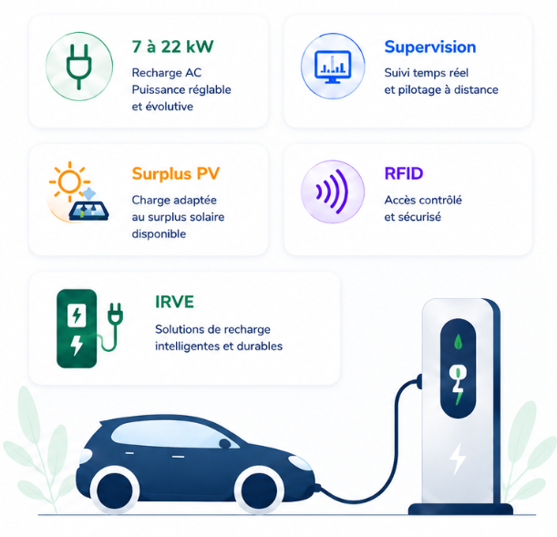 Illustration IRVE STEIM : supervision, surplus photovoltaïque, RFID, voiture électrique et borne de recharge